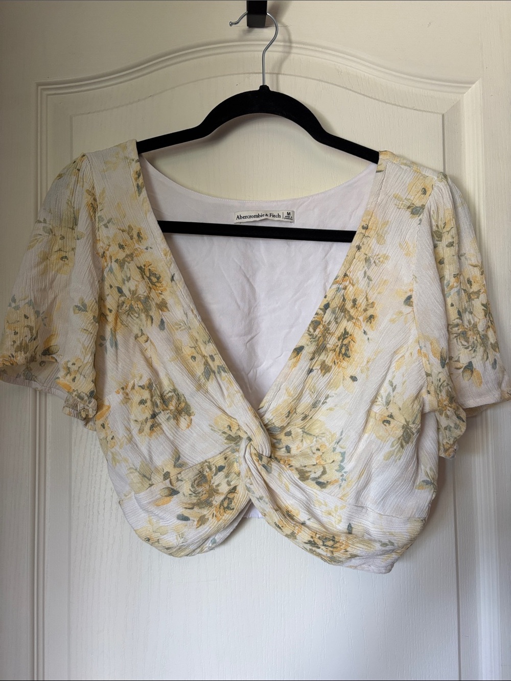 Abercrombie & Fitch White and Yellow Floral Twist-Front Crop Blouse